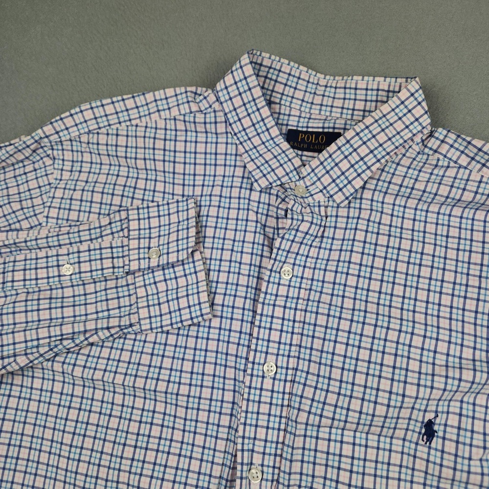 Polo Ralph Lauren Shirt Mens Big 2X Blue Check Long Sleeve Button Down Pony